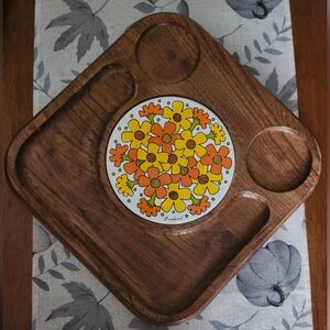 Vintage Floral Wooden Serving Tray with Orange and Yellow Accents